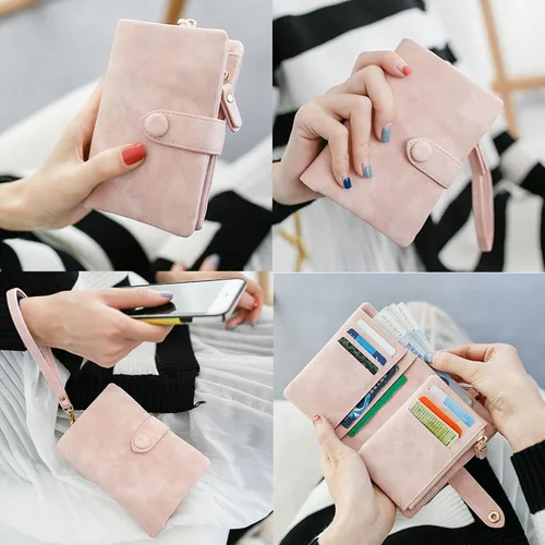 Vista 3 de Billetera pequeña de cuero para mujer, pulsera RFID plegable para mujer, con ranuras para tarjetas, monedero con cremallera para ventana