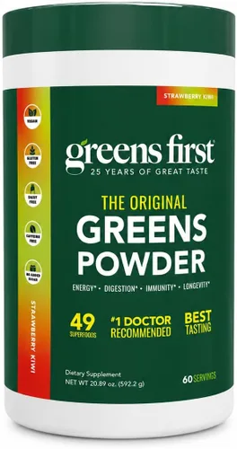 Vista 10 de Greens First Original Greens en polvo, menta, 30 porciones 49 superalimentos, frutas y verduras orgánicas, prebióticos, probióticos y enzimas