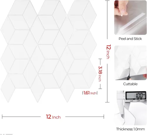 Vista 8 de Livelynine Azulejos para salpicadero de cocina, azulejos geométricos blancos de 12 x 12 pulgadas, azulejos adhesivos para pared de baño, ducha, apto