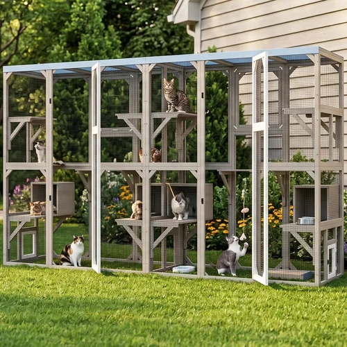 Vista 12 de PetsCosset Catio - Recintos para gatos al aire libre, casa grande para gatos de 4 pisos para ventana interior y exterior, catio exterior de madera