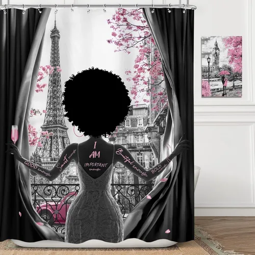 Vista 6 de Omifly Cortina de ducha negra para hombre, 60 pulgadas de ancho x 72 pulgadas de alto, juego de baño negro con citas inspiradoras, frases