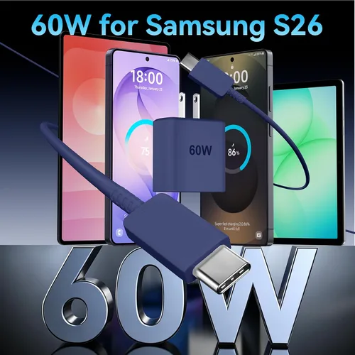 Vista 4 de Cargador USB C súper rápido de 60 W, cargador tipo C, bloque de carga rápida para teléfono Android con cable de carga rápida USB C de 10 pies
