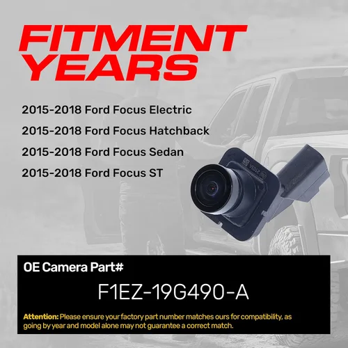 Vista 2 de Master Tailgaters Repuesto para Ford Focus ST, Sedán, Eléctrico, Hatchback (2015-2018) Cámara de Respaldo OE Parte # F1EZ-19G490-A