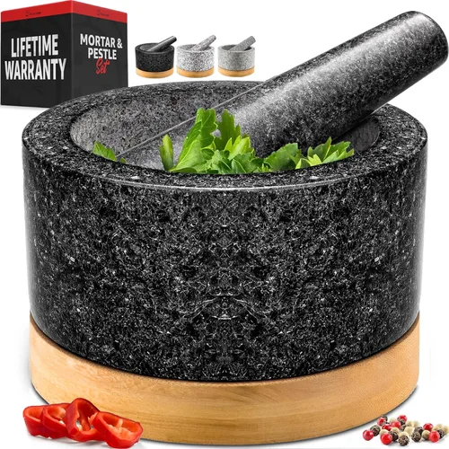 Vista 15 de Priority Chef Juego de mortero y mazo de alta resistencia con base de bambú, molinillo de piedra de granito 100% natural, tazón y machacador de Negro
