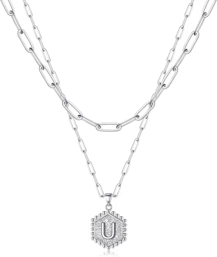 Vista 43 de M MOOHAM - Delicado collar de oro para mujer, de 14 quilates, en capas, lindos collares con letra hexagonal con inicial para mujer, regalos