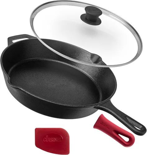 Vista 23 de Sartén de hierro fundido de Cuisinel con tapa - Sartén para freír pre-sazonada de 10" pulgadas + cubierta de vidrio + soporte para mango resistente