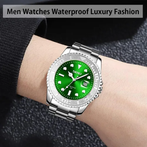Vista 2 de SKMEI Reloj para hombre, impermeable, a la moda, casual, de acero inoxidable, color plateado, cara grande, analógica, de cuarzo, luminoso, vestido