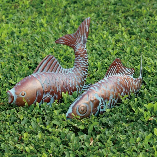 Vista 4 de Juego de 2 esculturas de peces Koi para exteriores, estatua de jardín, estanque, peces, patio, esculturas y estatuas de Koi de cobre antiguo