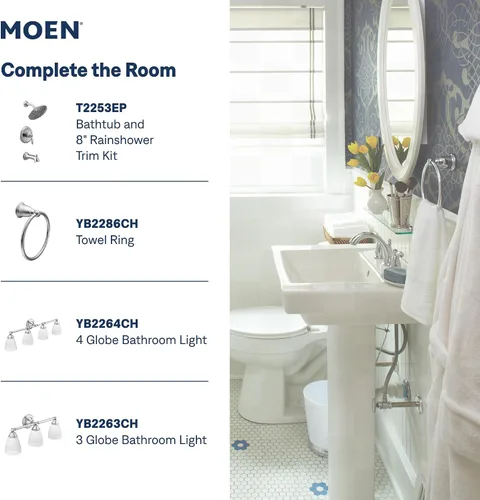 Vista 11 de Moen Brantford Cromo Llave de baño centrada de arco bajo tradicional de dos manijas con montaje de desagüe, 6610