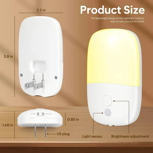 Vista 6 de Luz nocturna LED enchufable, paquete de 2 luces nocturnas regulables con sensor de atardecer a amanecer y enchufe retráctil y 3 brillo ajustable