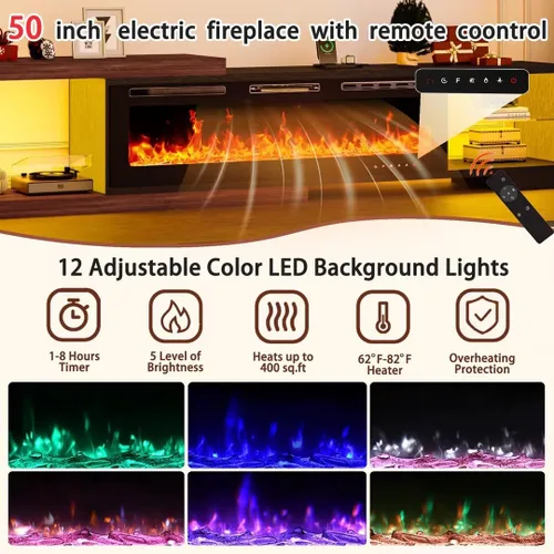 Vista 5 de Soporte de TV extensible con chimenea eléctrica de 71 a 116 pulgadas, moderno centro de entretenimiento con luces LED y toma de corriente para TV
