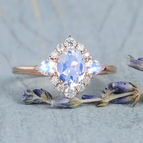 Vista 2 de Anillo de compromiso chapado en oro rosa de 18 quilates con piedra lunar y arcoíris, para mujer, anillo de compromiso con diamantes de imitación