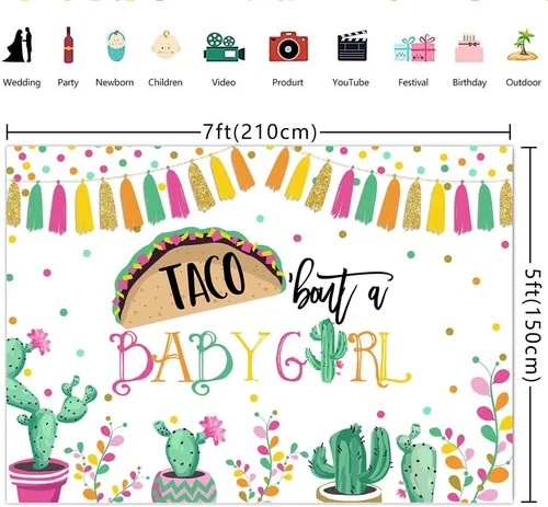 Vista 2 de Lofaris Taco Bout a Baby Girl - Telón de fondo para fiesta mexicana, decoración de baby shower, cactus neutro, sombrero de vaquero, banderas