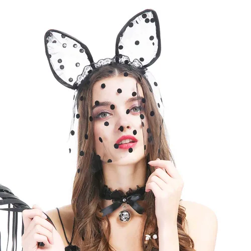 Vista 3 de Diadema de encaje negro con velo orejas de conejo negro diadema aro para el pelo para Halloween Cosplay