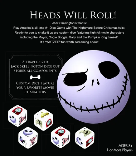 Vista 4 de Disney Yahtzee The Nightmare Before Christmas - Juego de dados coleccionables de Jack Skellington Juego de dados familiares y juegos de viaje