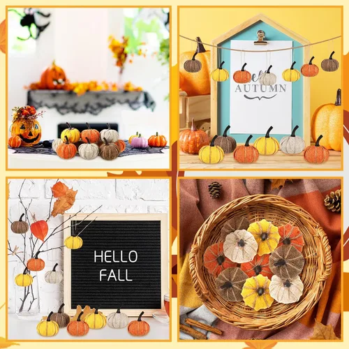 Vista 7 de Kajaia 12 piezas de mini adornos colgantes de calabaza de otoño de Acción de Gracias para árbol de 2.05 pulgadas, tela de arpillera, calabaza