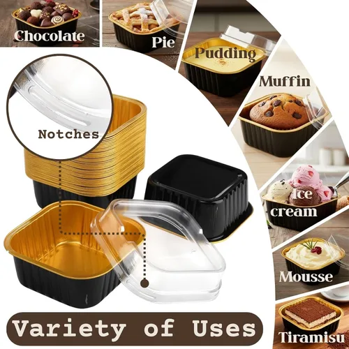 Vista 6 de ZEAYEA 100 mini moldes para pasteles con tapas, 5.7 onzas de papel de aluminio cuadrado para hornear, moldes desechables para magdalenas, postre