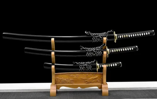 Vista 2 de Juego de espada samurái japonesa templada de arcilla funcional completa Katana Wakizashi Tanto Set 3 piezas puede cortar árbol