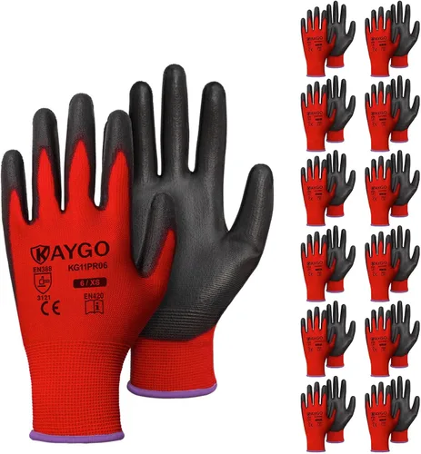 Vista 25 de KAYGO KG11PB - Guantes de trabajo de seguridad con revestimiento de poliuretano, 12 pares de guantes de punto sin costuras para hombres y mujeres
