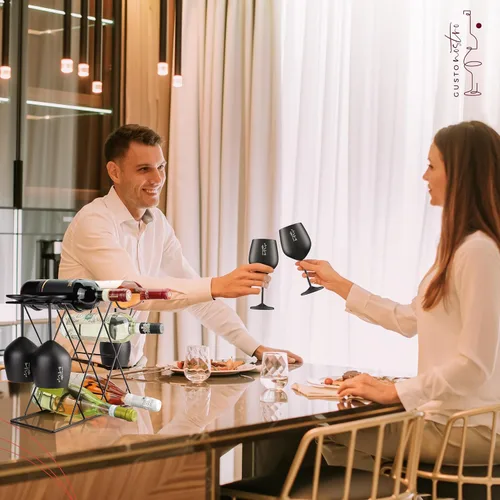 Vista 7 de Gusto Nostro Estantes de vino pequeños para 8 botellas y 4 vasos, estante de vino para encimera con soporte para vidrio, moderno estante de vino