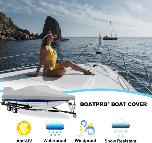 Vista 7 de Funda para lancha remolcable de 14 a 16 pies con cubierta de motor fuera de borda, lona marina 900D, impermeable y a prueba de rayos UV, resistente