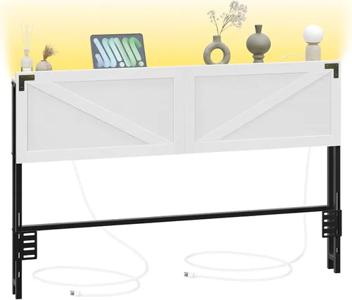 Vista 6 de MAHANCRIS Cabecera Solo Tamaño Queen, Cabecera con 2 Tomacorrientes y 4 Puertos USB, Cabecera Estilo Granja, con Luces LED, Almacenamiento Seguro