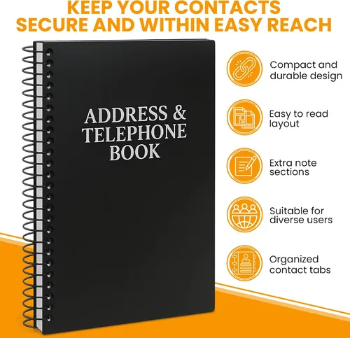 Vista 8 de Libreta de direcciones y teléfonos Iconikal, 8x5 pulgadas, negra, con espiral, 384 contactos, organizador para organizar nombres, direcciones
