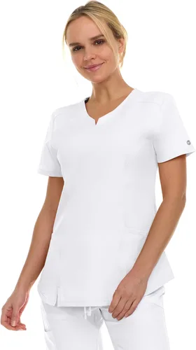 Vista 3 de MediChic Scrubs Top Quirúrgico para Mujer con Cuello en V con Muesca Elástico de Moda con Dos Bolsillos, Tela Flex de Fácil Cuidado Blanco