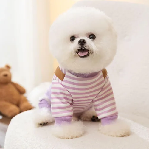 Vista 4 de Overol para perro con diseño de rayas para mascotas, overol para perros pequeños, pantalones de otoño e invierno para perros