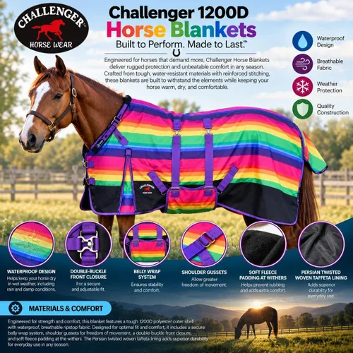 Vista 2 de Challenger 1200D Turnout - Manta ligera para el invierno, con banda de vientre, caballo, lluvia, 398B Arcoiris Negro