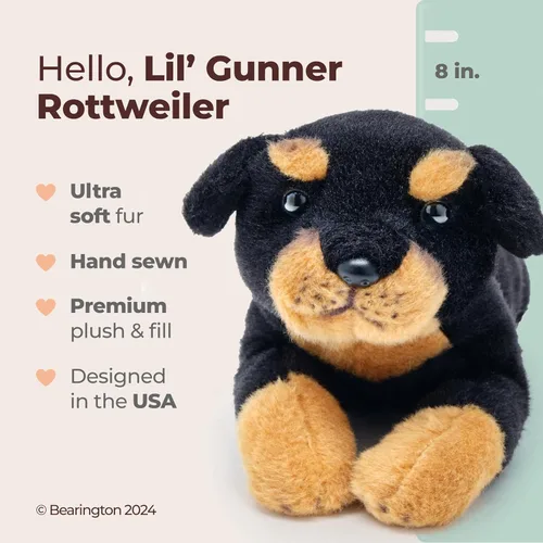 Vista 2 de Peluche Bearington Lil' Gunner El Rottweiler, Perro de Peluche de 8 Pulgadas
