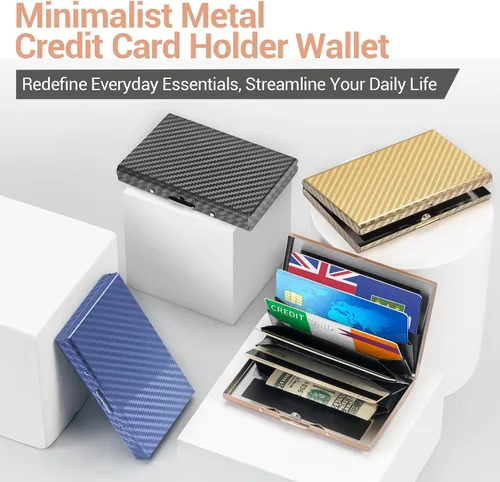 Vista 15 de BONSYL® Soporte para tarjetas de crédito, cartera delgada de metal con bloqueo RFID, con 6 ranuras para tarjetas, para mujeres y hombres.