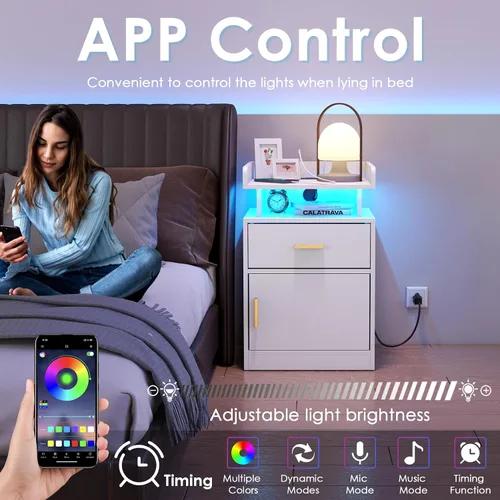 Vista 4 de Mesita de noche con estación de carga y luces LED, mesita de noche con cajón, mesita de noche con almacenamiento de gabinete, mesita de noche