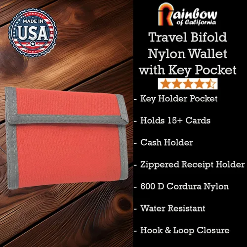 Vista 3 de Cartera de nailon plegable California con bolsillo interior. Cierre de gancho y bucle. Fabricado en Estados Unidos, Borgoña, Bifold