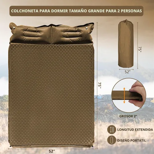 Vista 2 de WILD FUN Colchoneta de dormir doble, colchón de campamento de 2 pulgadas para 2 personas con almohada, almohadilla de campamento autoinflable