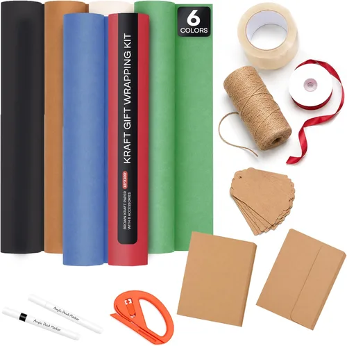 Vista 13 de Assorted Colors Kraft Wrapping Set of 10 Rolls 12"x100' + 8 Accessory Types USA-Made Natural Multi-Color Kraft Paper Kit for Holidays & Special