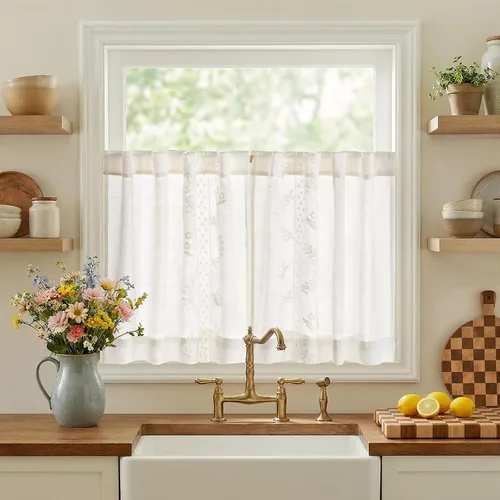 Vista 21 de jinchan Cortinas de lino floral beige para cocina, 24 pulgadas, 2 paneles A Beige