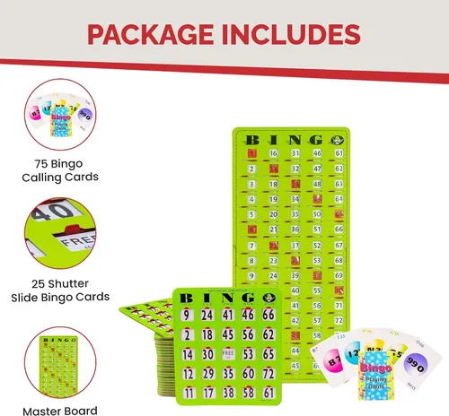 Vista 4 de MR CHIPS Tarjetas de bingo a prueba de atascos con ventanas deslizantes, 25 tarjetas obturadoras reutilizables, 75 llamadas, 1 tablero maestro más