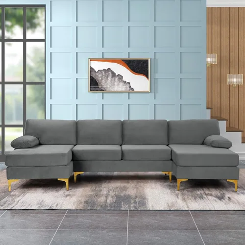 Vista 35 de Sofá modular moderno en forma de L, con diván extra ancho y patas doradas Gris