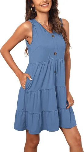 Vista 2 de PLMOKEN Vestido tipo túnica de verano sin mangas con cuello en V y botones para mujer
