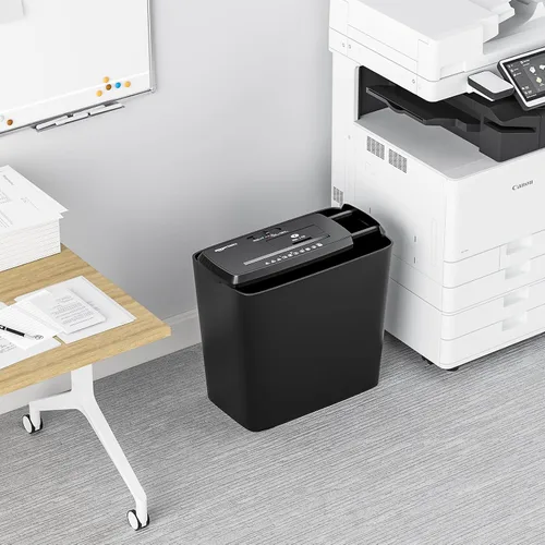Vista 8 de Amazon Basics Trituradora de papel cortado en tiras de 8 hojas, CD y tarjetas de crédito con apagado automático, diseño compacto, portátil, sin