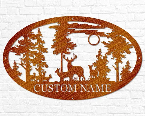 Vista 6 de Letrero de ciervo ovalado personalizado de metal para cabina Para exteriores, caza Regalo para cazador de ciervos Letrero de nombre de familia