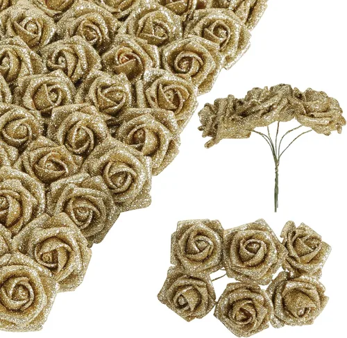 Vista 18 de Ramo de rosas negras con purpurina, 72 piezas de rosas artificiales de espuma con tallos para bricolaje, boda, hogar, fiesta, Navidad, Halloween 72
