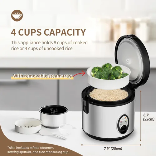 Vista 3 de Macook Arrocera de acero inoxidable con vaporizador, 4 tazas sin cocer (1.0L)/8 tazas cocidas, cocina eléctrica para granos y verduras, mantiene