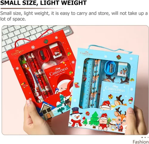 Vista 2 de LUOZZY 4 juegos de regalo de Navidad para niños y estudiantes, papelería temática de Navidad de dibujos animados con caja de regalo y asa, incluye