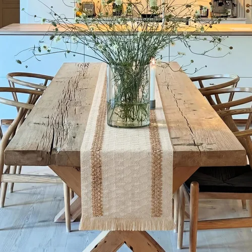 Vista 11 de Decoración de Granja Camino de Mesa Bohemio con Macramé, Elegante Camino de Mesa de Café Beige Marrón 48 Pulgadas de Largo, Decoración Rústica