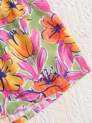 Vista 4 de SOLY HUX Conjunto de dos piezas para niña con hombros descubiertos, manga corta, camiseta corta y pantalones cortos florales