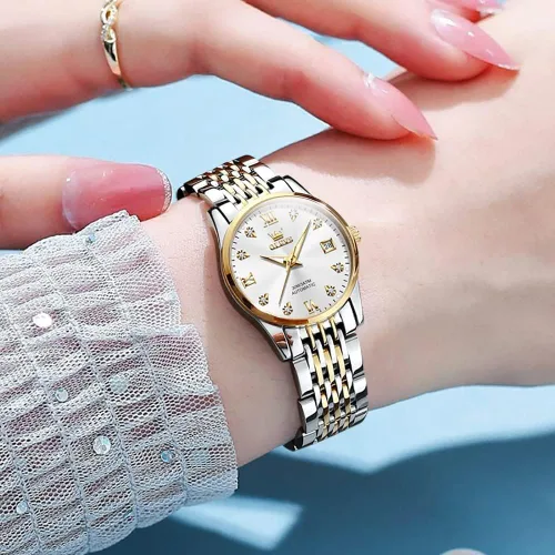 Vista 2 de OLEVS Reloj automático de mujer con diamantes mecánico de cuerda automática a la moda elegante reloj de pulsera luminoso impermeable de acero