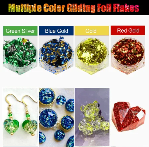 Vista 5 de Copos dorados para resina, 30 colores metálicos, lámina para manualidades con pinzas para arte de resina, arte de uñas, joyas y fabricación de velas