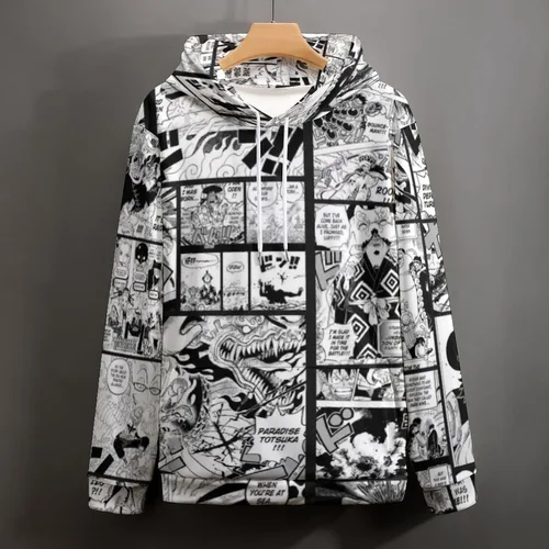 Vista 3 de Luusmm Unisex Anime Print Hoodie Black And White Manga Print Novelty Sweater